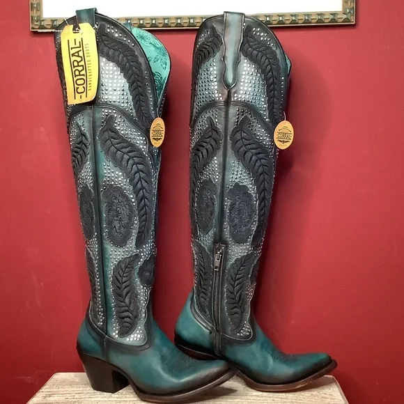 CORRAL Willow Over The Knee  Black & Turquoise Western Boots ~3” Heel Inside Zip - Picture 10 of 16